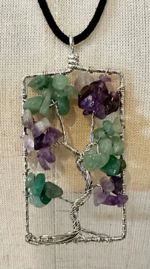 Amethyst and aventurine silver tone tree pendant necklace thumbnail 1