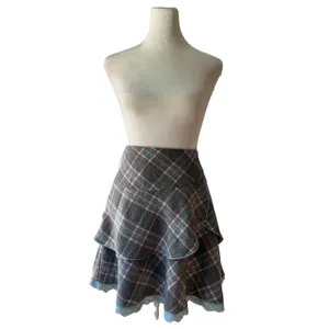 Freebird Gray & Blue Plaid Tiered Lace Hem Mini Skirt thumbnail 3