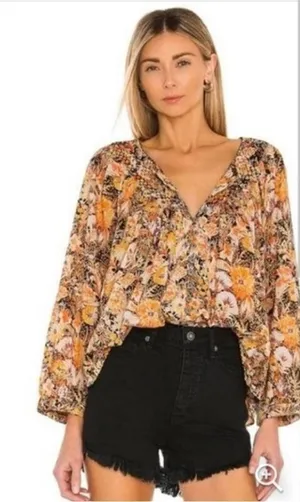 Free People We The Free Cool Meadow Midnight Combo Long Balloon Sleeves Boho Slouchy Top L thumbnail 1