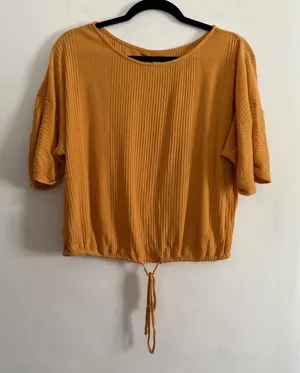 FREE PEOPLE FP Beach Mustard Yellow Ribbed Cinch waist Short Sleeve Top Medium thumbnail 1