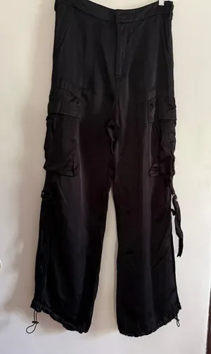ZARA | Black Satin Baggy Cargo Pants with Drawstring ankles | Medium thumbnail 1