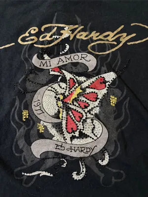 Ed Hardy Black Crop Baby Doll Tee with Red Butterfly & Gold Script thumbnail 2