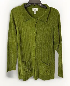 Vintage 90s Small Chenille Sweater Cardigan Peter Pan Collar Pockets‎ Green Cozy thumbnail 1