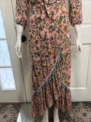 FARM Rio 100% Viscose Pink Floral Wrap Long Sleeve Maxi Dress Size Medium🌸💗 thumbnail 8