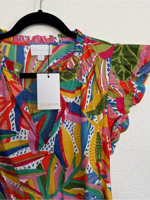 NWT Sugarlips Colorful Leaf Print Tiered Mini Dress Medium thumbnail 3