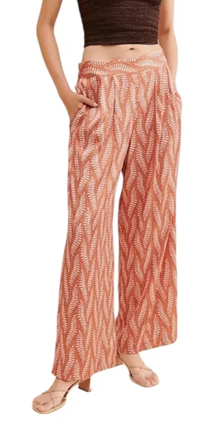 Hutch Rust Orange Pink Leaf Print Wide Leg High Waist Satin Pants Large‎ Womens thumbnail 1