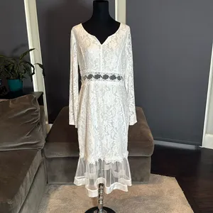 White Floral Lace Mermaid BodyCon Dress Sheer Ruffle Hem Tag XXL (U.S. L) NEW thumbnail 2