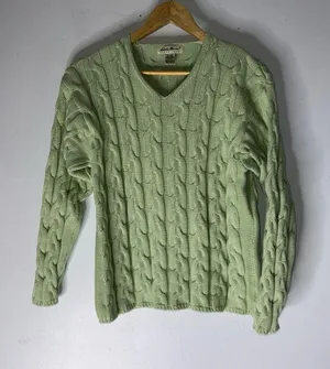 vintage eddie bauer Green‎ V Neck Cable Knit Cotton Sweater Medium thumbnail 1