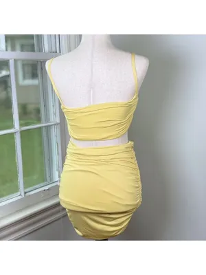 Butter Yellow Ruched Two Piece Set Small Crop Top Mini Skirt Going Out Party thumbnail 4