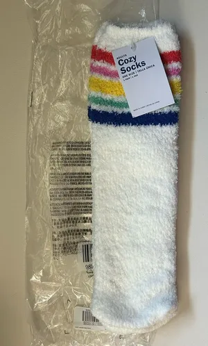 Old Navy Women’s Cozy Socks White Rainbow Stripe Plush Socks One Size NWT thumbnail 1