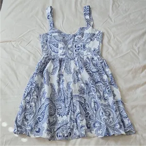 Zara White & Blue Linen Blend Paisley Patterned Fit & Flare Summer Dress Size XS thumbnail 2