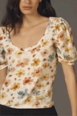 Anthropologie Wide Neck Short Puff Sleeve Pastel Cotton Floral Top Size Medium thumbnail 1