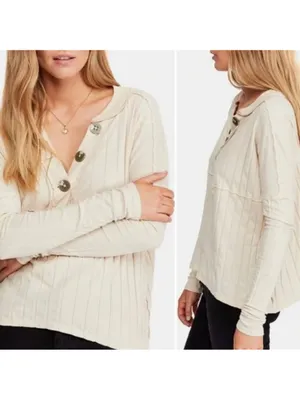 Free People XS In The Mix Henley Cream Beige Relaxed Boxy Fit Neutral Rib Boho thumbnail 2