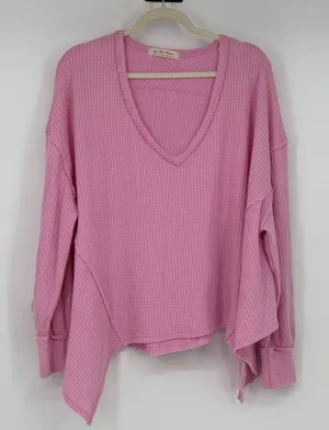 We The Free Free People Pink Waffle Knit Asymmetrical V-Neck Thermal Top S thumbnail 1