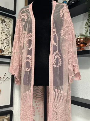 American Flirt Pink Lace Duster Kimono Sheer Mesh Long Cardigan thumbnail 1