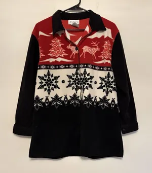 Vintage Fleece Button Up Jacket Collar Small Black Red Winter Reindeer Snowflake thumbnail 1
