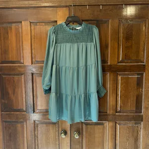 THML NWT Teal Smocked Tiered Mini Dress Long Sleeve‎ Boho Seafoam Size Small thumbnail 5