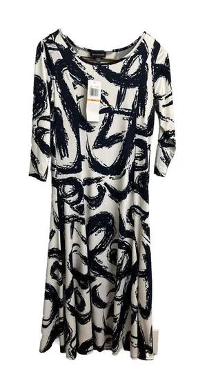 Nina Leonard White &Navy Abstract A Line‎ Midi Dress Sz Small thumbnail 1