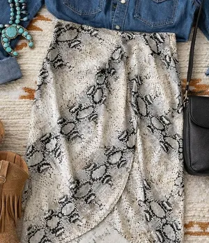 Snake Print Satin Wrap Midi Skirt Gray Silver Womens Small Indie Y2K thumbnail 1