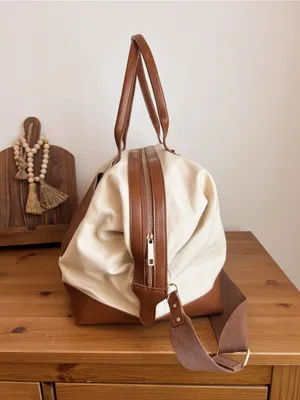 Canvas Weekender Bag with Brown Leather Trim thumbnail 3