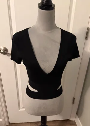 Zara Black Deep V Crop Top with Waist Cutouts, Sz M thumbnail 1