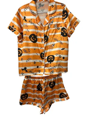 Halloween Pajama Set Pumpkin Bat Candy Satin Button Shirt Shorts XL Spooky Cute thumbnail 1
