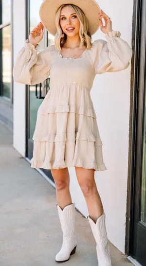 &merci taupe brown Puff Sleeve Babydoll ruffled Mini Dress sz S thumbnail 1