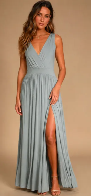 Lulus Surplice Stretch Jersey Knit Maxi Dress Side Slit Dusty Mint Medium NWT thumbnail 1