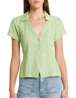 Madewell Crinkled Crepe Notched V-Neck Top Small Short Sleeve Green Button Up thumbnail 1
