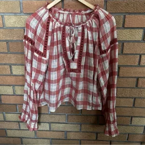 Free People Honey Grove Gingham Checkered Balloon Sleeve Blouse Size Small thumbnail 3