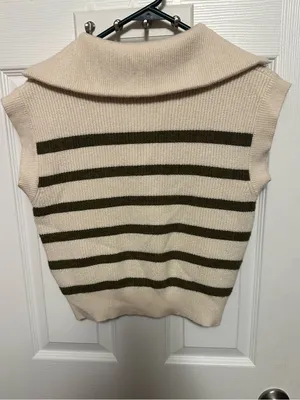 Anthropologie Cream and Olive Striped Half-Zip V-Neck Sweater Vest thumbnail 4