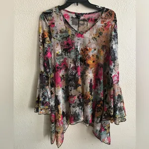 Dor Dor Couture Multicolor Abstract Sheer Mesh Hankerchief Hem Long Bell SleeveM thumbnail 4