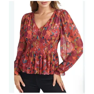 DR2 Babydoll Blouse Womens XL Smocked‎ Waist Peplum Stretch Floral Peasant Boho thumbnail 2