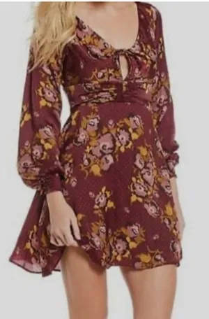 Free People Burgundy Floral‎ Long Sleeve Mini Dress Size 8 thumbnail 1