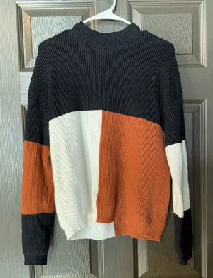 Trendy Colorblock Crew Neck Sweater - Black, White, and Orange thumbnail 1