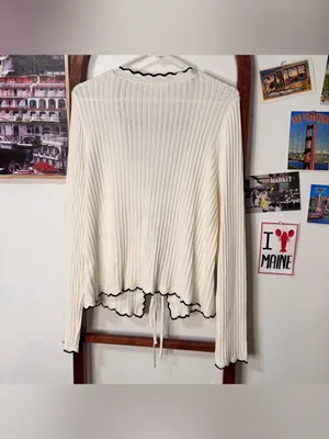 Anthropologie ribbed knit long-sleeve tie-front cardigan Ivory with black trim thumbnail 6
