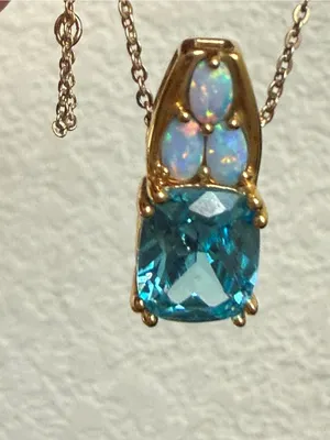 925 Sterling Gold Vermeil Cushion Cut Blue Topaz Gemstone Opal Pendant Necklace thumbnail 15
