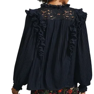 Anthropologie Pleated Ruffled Sheer Lace Blouse‎ Top Black Size LP Whimsigoth thumbnail 2
