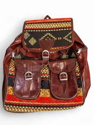 Vintage Vrai Cuir Leather‎ Tapestry Backpack - Boho Moroccan Handcrafted Bag thumbnail 1
