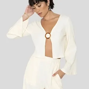 Callahan New Open Front Ring Bell Sleeve Ribbed Vera Top Creme thumbnail 5
