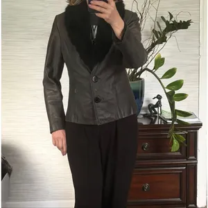 GUESS Dark Olive Genuine Leather Jacket with Black Faux Fur Collar Size S thumbnail 10