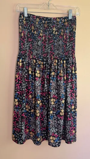 Smocked Waist Floral Midi Skirt - Black with Pink, Yellow & Blue Flowers thumbnail 1