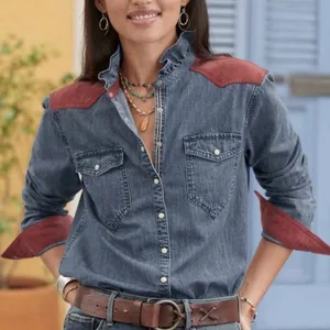 Sundance Denim Shirt Womens XS Blue Red Corduroy Yoke Ruffle Western Pearl Snap thumbnail 1