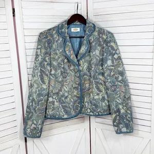 Vintage Talbots Blazer Women XL Blue Floral‎ Brocade Velvet Trim Jacket Boho thumbnail 8