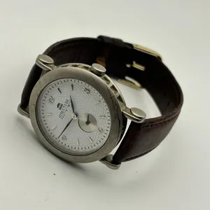 Vintage Structure Textured White Dial Brown Leather Strap Watch Working thumbnail 4
