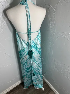Seafoam Halter Maxi Dress - Flowing Aqua & White Print thumbnail 4