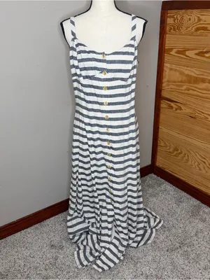 Anthropologie Maeve Linen Blend Striped Maxi Dress 10 Blue White Preppy Nautical thumbnail 2