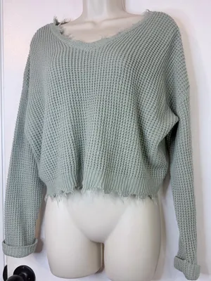 Moon & Madison Waffle Knit Crop Sweater Sage Green Distressed Hem Size M thumbnail 6