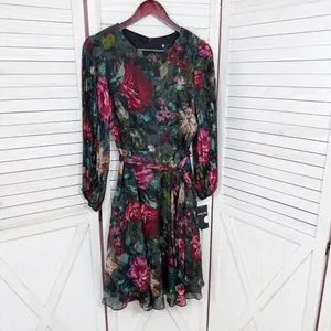 Maison Tara Dark Floral Pleated Sleeve Chiffon Fit Flare Dress Black Multi 10‎ thumbnail 8