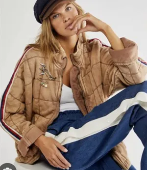 Free People Quilted Dolman Sports Rib Striped Oversized Varsity Jacket M $198 thumbnail 1